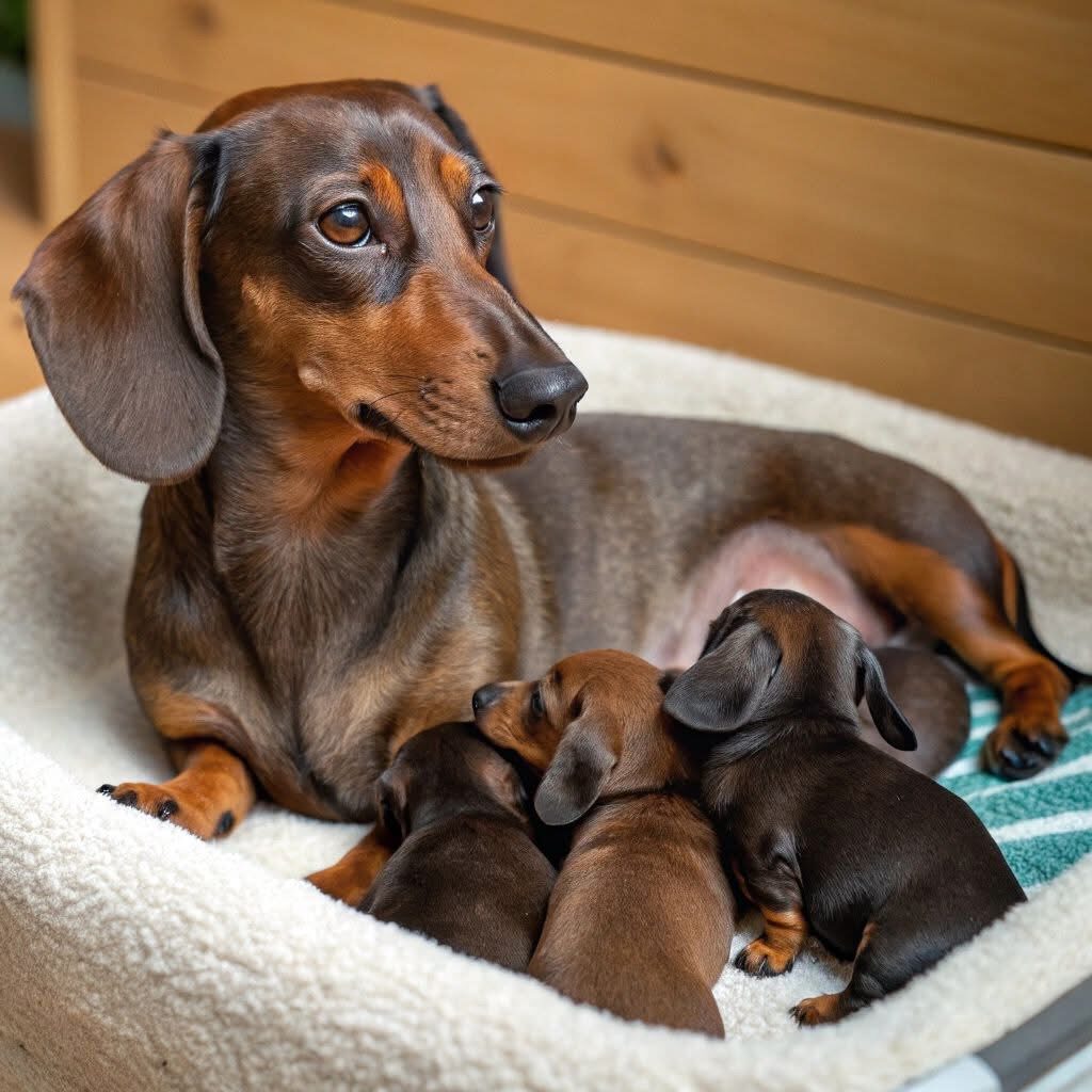 A dachshund mother lies in a soft dog bed while three small dachshund puppies snuggle close to her, nursing. The background features wooden paneling, creating a cozy indoor scene.