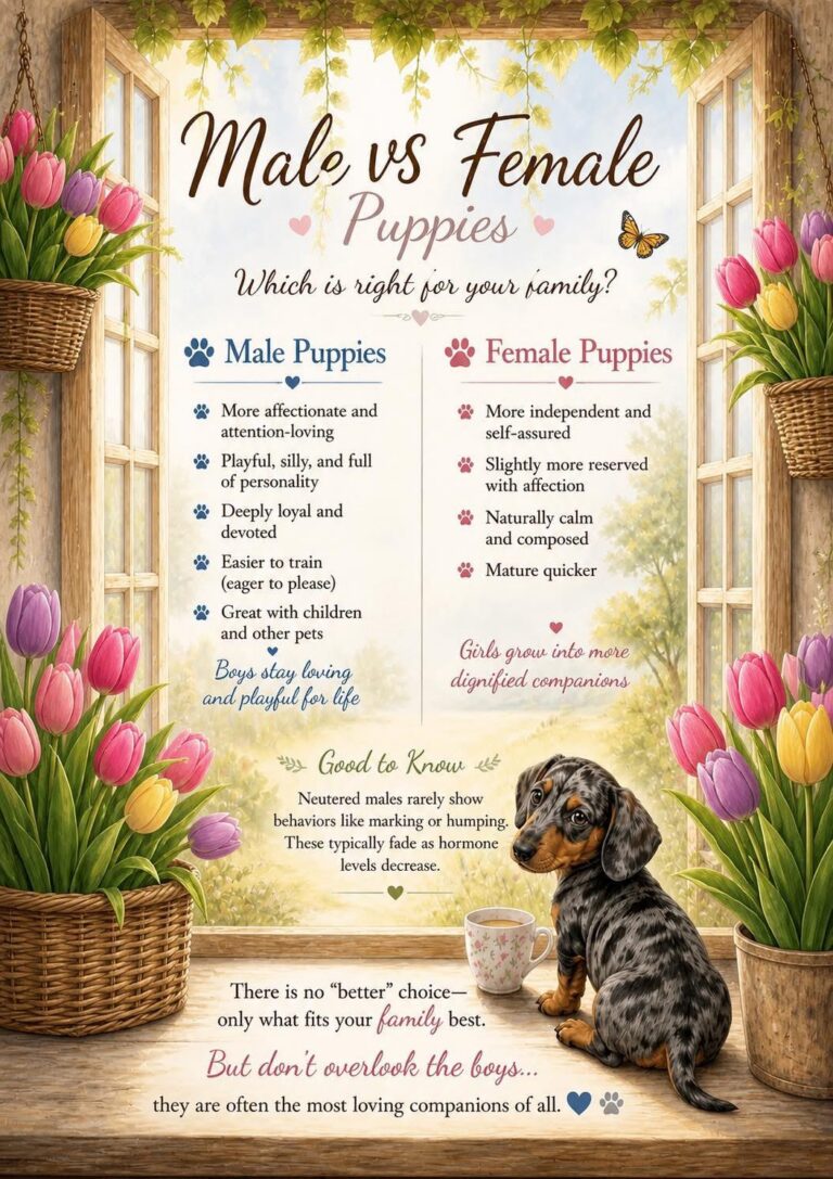 An illustrated poster compares male and female puppy traits, with baskets of tulips and a dachshund puppy. Male puppies are playful and easy to train; female puppies are affectionate and mature quickly. The poster stresses both make loving pets.